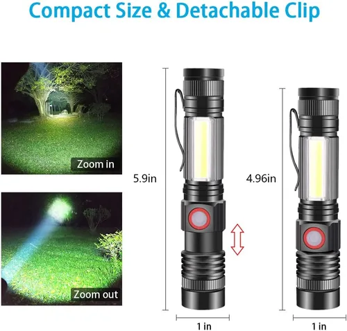 Vista 5 de Linterna magnética LED recargable, súper brillante con luz de trabajo COB, impermeable, 4 modos, linternas tácticas de bolsillo para acampar al aire