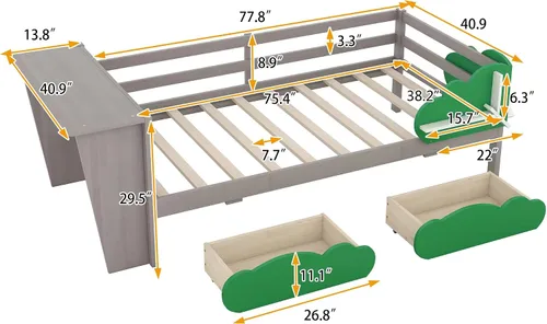 Vista 2 de Anwick Base de cama individual con escritorio y nido, sofá cama de madera con escritorio y estantes en forma de árbol verde, cama de plataforma