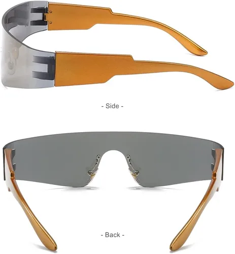Vista 4 de Y2K - Lentes de sol futuristas envolventes para hombres y mujeres, visera, cibernético, cíclope monobloque (marco de té, lente dorado espejo)