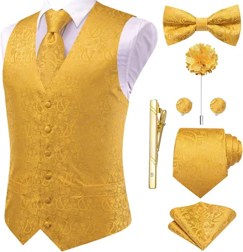 Vista 40 de Hi-Tie Chaleco de traje de seda para hombre, corbata y corbatín de solapa, clip de corbata dorado, chaleco floral de cachemira, 8 piezas, conjunto