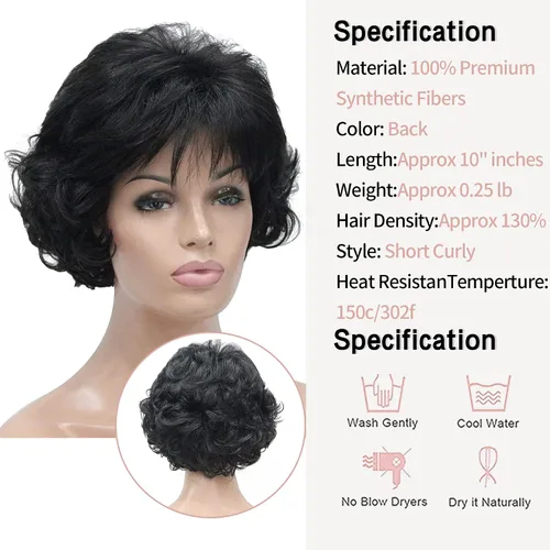 Vista 5 de Kalyss Peluca Corta Rizada Ondulada de 10" con Flequillo de Cabello Sintético Premium Resistente al Calor Pelucas Cortas con Aspecto de los Años 70
