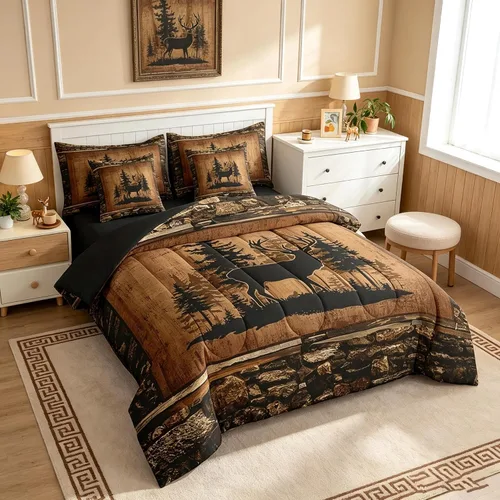 Vista 3 de Feelyou Juego de edredón de ciervo con sábanas – Tamaño Queen 7 piezas Juego de ropa de cama infantil de caza rústica – Cama de ciervo de cabaña