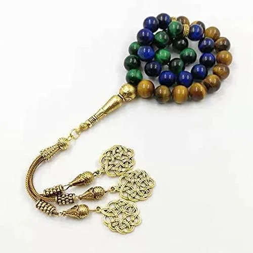 Vista 3 de Tasbih musulmán amarillo azul verde ojo de tigre piedra rosario islámico cuentas joyería turca misbaha (0.315 in x 33 cuentas)