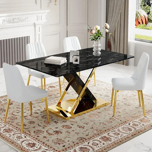 Vista 20 de Juego de mesa de comedor de mármol para mesa rectangular blanca de 6.63 pulgadas con marco de metal plateado en forma de X y 6 sillas de comedor