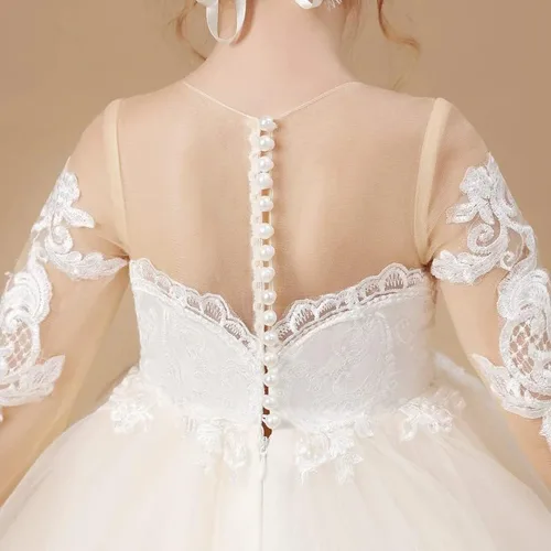 Vista 6 de Melinda - Vestidos de flores para niñas, apliques de encaje, tul de manga larga, vestido largo de princesa para boda, concurso
