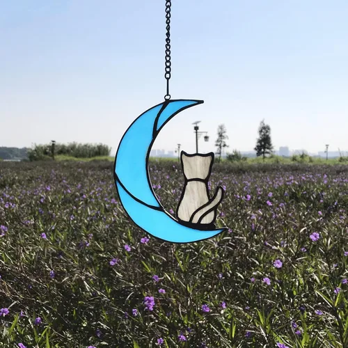 Vista 4 de Decoración de gato atigrado gris en luna azul para colgar en la ventana, regalo conmemorativo para los amantes de los gatos, adorno para mascotas