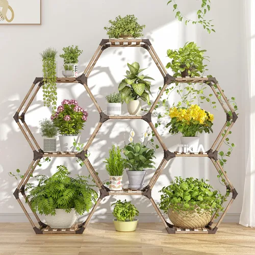Vista 10 de Tikea Soporte para Plantas de Interior y Exterior Soporte Hexagonal de Esquina para Plantas Suculentas Plantas Pequeñas Estante de Madera