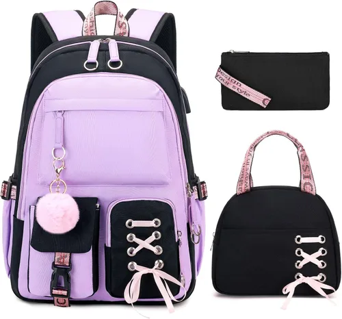 Vista 9 de ACESAK Mochilas para niñas, adolescentes y niños de primaria, secundaria, preparatoria, universidad, mochila escolar para niños estudiantes, Negro