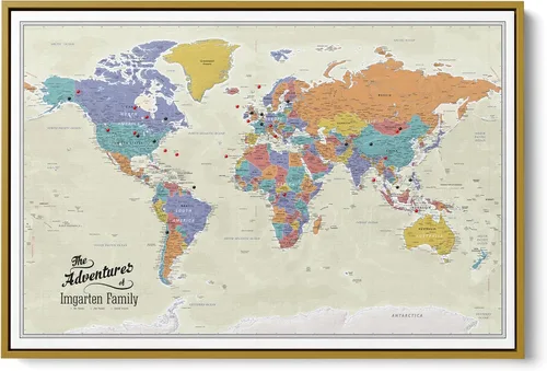 Vista 11 de Lienzo - Mapa de viaje personalizado del mundo Tan Oceans con chinchetas y marco blanco texturizado