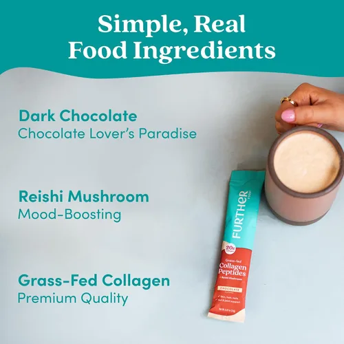 Vista 5 de Further Food Polvo de péptidos de colágeno de chocolate con hongo Reishi, 100% alimentado con pasto, hidrolizado tipo 1 y 3, 0.71 oz de colágeno por