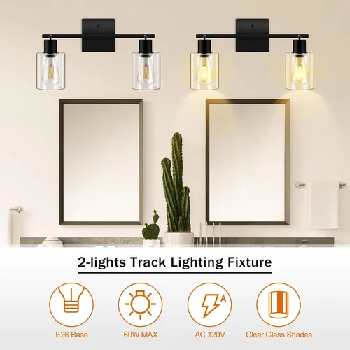 Vista 4 de Accesorios de iluminación de riel de techo para cocina, luces de pared negras de 2 luces, iluminación LED moderna con pantalla de vidrio, cabezal