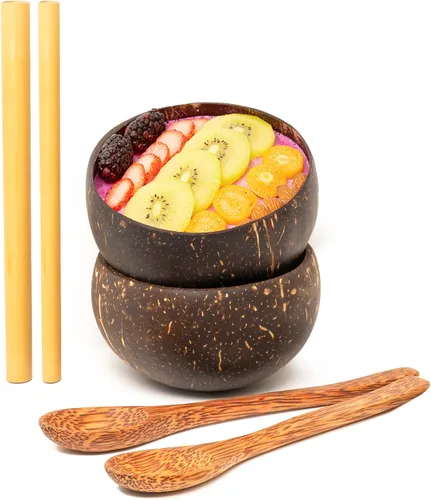 Vista 8 de Rainforest Bowls Juego de 4 pequeños cuencos originales de coco, 4 cucharas de madera y 4 popotes de bambú reutilizables, 100% naturales, tallados a