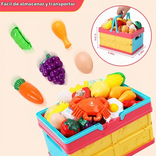 Vista 9 de HOLYFUN - Juego de juguetes de comida con cesta de la compra y frutas para cortar Includes toy pots, pans, plastic dishes and realistic food