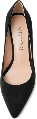 Vista 3 de MERRORI Zapatos de tacón alto y grueso para mujer, puntera puntiaguda, de gamuza, para oficina, sin cordones, zapatos de tacón de 3.3 pulgadas
