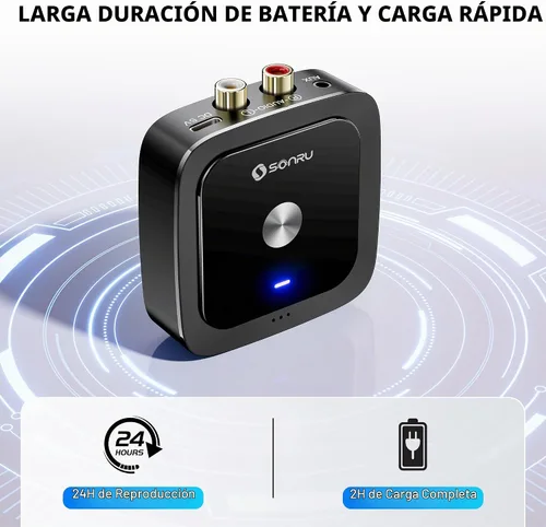 Vista 6 de SONRU Receptor Bluetooth 6.0, adaptador Bluetooth para receptor antiguo, baja latencia, duración de la batería de 24 horas con AUX 0.138 in/RCA Negro