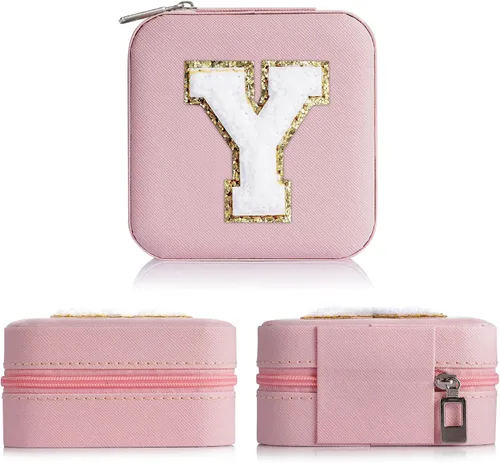 Vista 3 de Yqljew Joyero pequeño para niñas, joyero con iniciales de viaje para niñas, caja organizadora de joyas pequeña, organizador de joyas de viaje, caja