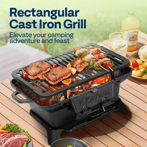 Vista 2 de VIVOHOME Parrilla de carbón rectangular de hierro fundido con rejilla de doble cara, parrilla de barbacoa portátil al aire libre, estufa de mesa
