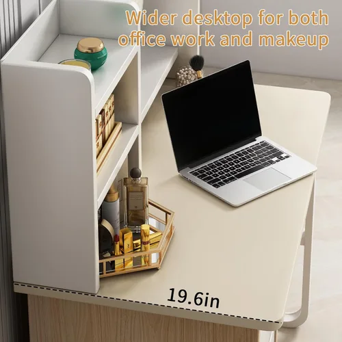 Vista 4 de Tocador de construcción resistente con tablero de 0.59 pulgadas de grosor, 3 en 1, multifuncional, con espejo ajustable y luces LED, mesa de noche