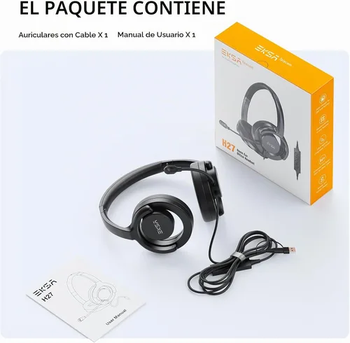 Vista 8 de EKSA H27 Auriculares USB para computadora con micrófono para trabajo, auriculares de PC con micrófono de cancelación de ruido, auriculares con cable