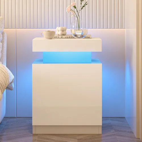 Vista 8 de oneinmil Nightstand Set of 2 with LED Lights, Night Stand with Storage Cabinet for Bedroom, Bedside Table with LED, White Blanco