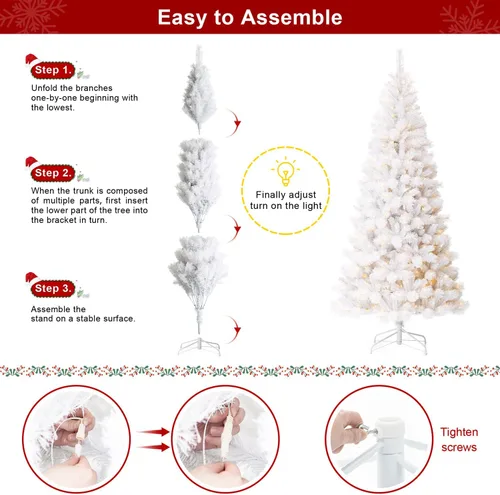 Vista 5 de Glitzhome - Árbol de Navidad artificial delgado preiluminado de 2.4 m, con ramas de pino Aspen Frostfall, soporte plegable de metal, 500 luces Aspen