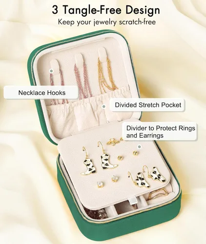 Vista 2 de Quatish Joyero de viaje, organizador de viaje de joyería, caja de joyería pequeña portátil para mujeres, mini estuche de joyería de terciopelo