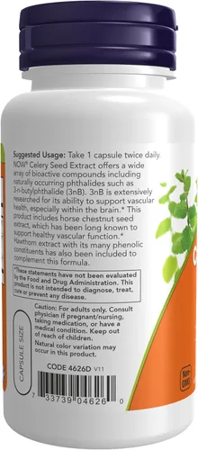Vista 3 de NOW Foods Suplementos, extracto de semilla de apio, más extractos de castaño de indias y espino, 60 cápsulas vegetales
