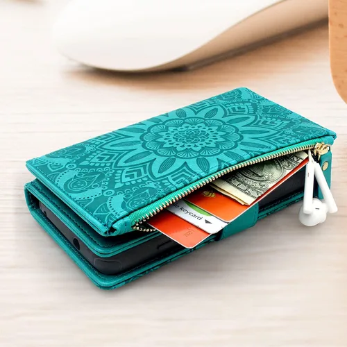 Vista 5 de Harryshell Funda de piel desmontable con cremallera magnética con bolsillo para monedas, 12 ranuras para tarjetas, correa de muñeca, cordón