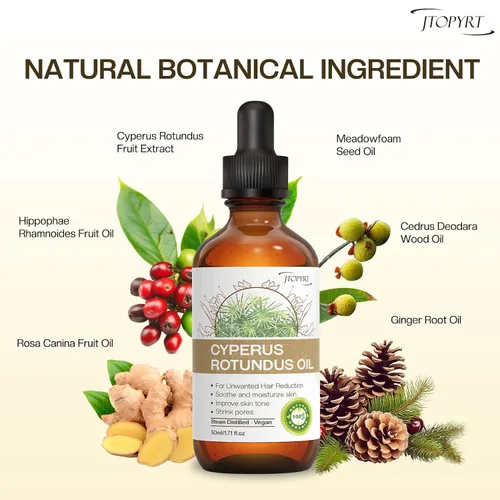 Vista 3 de Aceite Cyperus Rotundus para depilación: reduce el crecimiento no deseado del cabello, ralentiza el nuevo crecimiento, calma la piel y encoge
