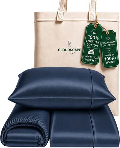 Vista 53 de Cloud Scape Linen - Juego de sábanas de algodón egipcio de doble capa, tamaño individual, tejido de satén de fibra larga, juego de 3 piezas, ropa