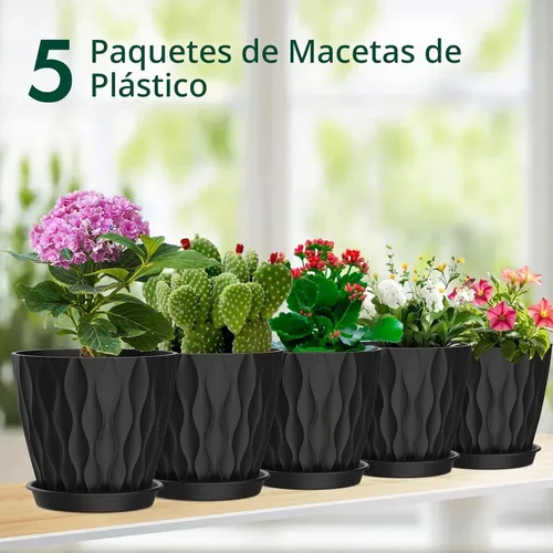 Vista 6 de Meowell Macetas pequeñas de plástico de 4 pulgadas, macetas de plántulas, juego de 5 macetas de ondas de agua para plantas de interior, macetas
