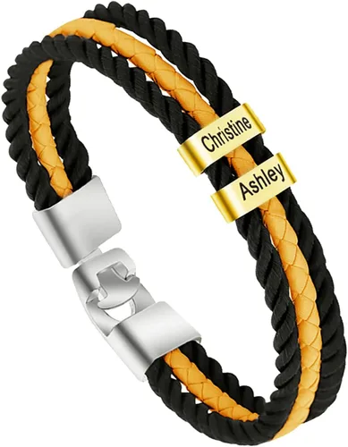 Vista 2 de Pulseras de cuero personalizadas para hombre con 1-6 nombres, pulsera trenzada personalizada con cuentas para papá, marido, día del padre, San