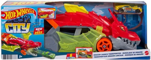 Vista 5 de Conjunto de pista de coche de juguete Hot Wheels City, Transportador de lanzamiento de dragón y coche a escala 1:64, vehículos de lanzamiento desde