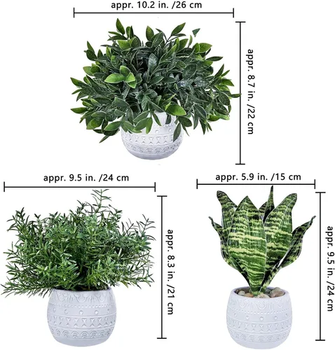 Vista 3 de Winlyn Juego de 3 pequeñas plantas artificiales en maceta, eucalipto, romero y serpiente tropical en macetas geométricas blancas para centros