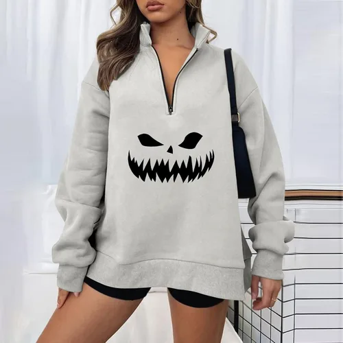 Vista 6 de Sudaderas de Halloween para mujer, casual, a la moda, con estampado de calabaza, manga larga, solapa, con cremallera de un cuarto