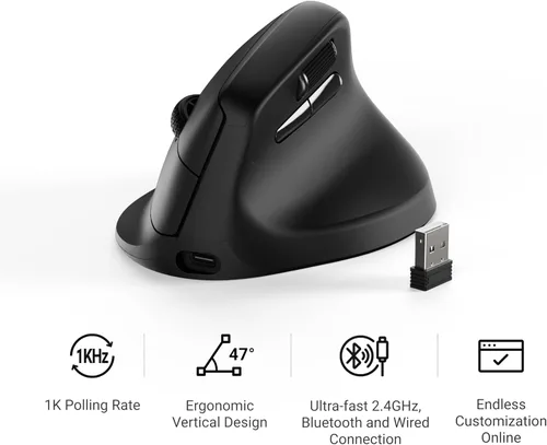 Vista 2 de Keychron M5 - Ratón ergonómico inalámbrico, compacto y vertical con rueda para el pulgar, clics silenciosos, 2.4 GHz/Bluetooth/recargable con cable