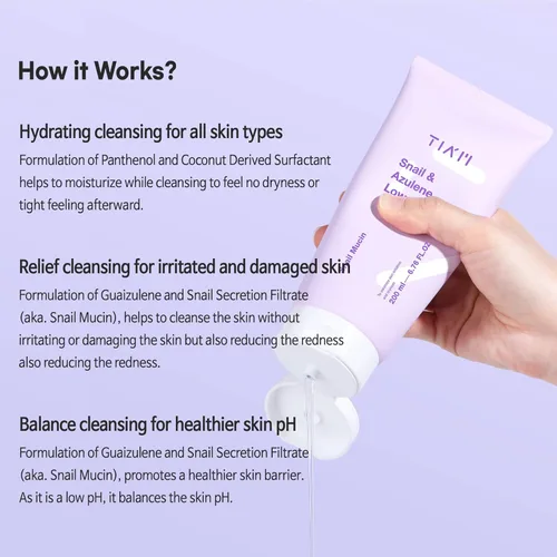 Vista 4 de TIA'M Snail&Azulene Limpiador de pH bajo, 6.76 onzas líquidas, limpiador facial suave diario con mucina de caracol, adecuado para pieles sensibles