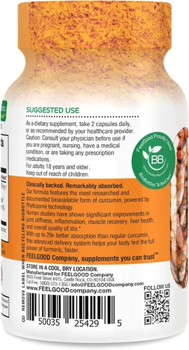 Vista 3 de FeelGood Superfoods - Cápsulas de curcumina de cúrcuma - Ultra alta absorción - 60ct - 1000mg por porción