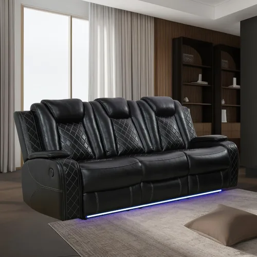 Vista 9 de Juego de sofá modular reclinable eléctrico con luz LED, juego de sofá modular reclinable de cuero, incluye sillón reclinable individual, juego