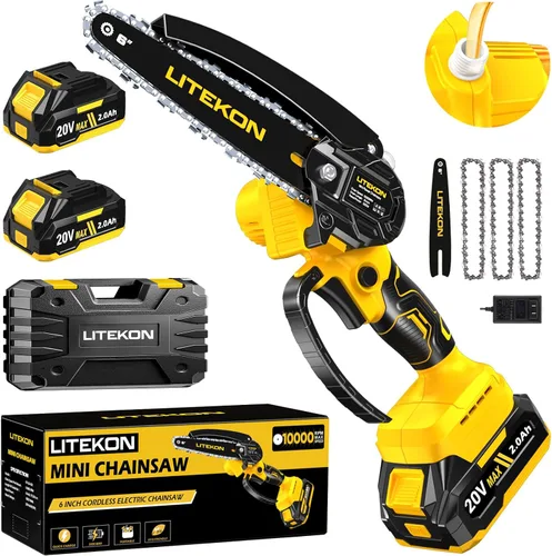 Vista 9 de Mini motosierra inalámbrica con batería de 2000 mAh y cargador rápido y 2 cadenas, la mejor motosierra eléctrica de 6 pulgadas con sistema de aceite