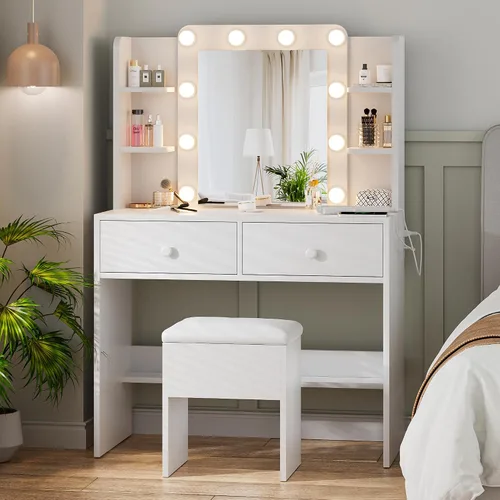 Vista 9 de Haewon Escritorio de maquillaje con espejo iluminado y juego de silla Negro