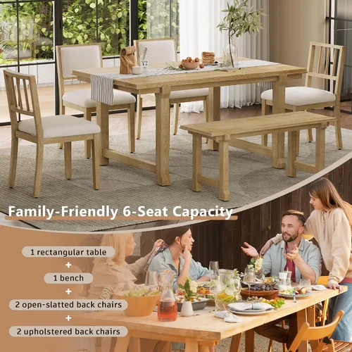 Vista 64 de Juego de mesa de comedor vintage de 6 piezas, juego de mesa de comedor de cocina de madera maciza con 4 sillas ergonómicas acolchadas y banco, mesa