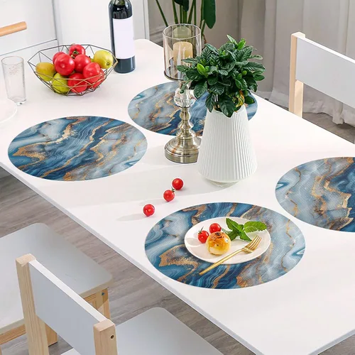 Vista 6 de Mantel individual redondo de mármol azul dorado, lavable para mesa de comedor para cocina (talla única x 1)