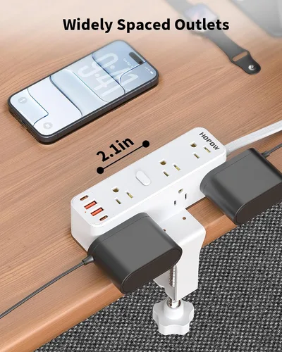 Vista 7 de HOPOW Regleta de alimentación con abrazadera de escritorio, estación de carga de montaje en el borde de escritorio con 9 salidas de CA, 4 USB