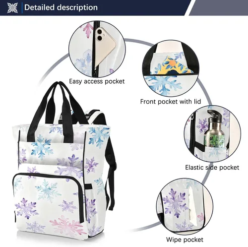 Vista 2 de Mochila para pañales con estampado de copos de nieve, bolsa de nailon impermeable multifunción con bolsillos aislados para botellas, bolsa de viaje