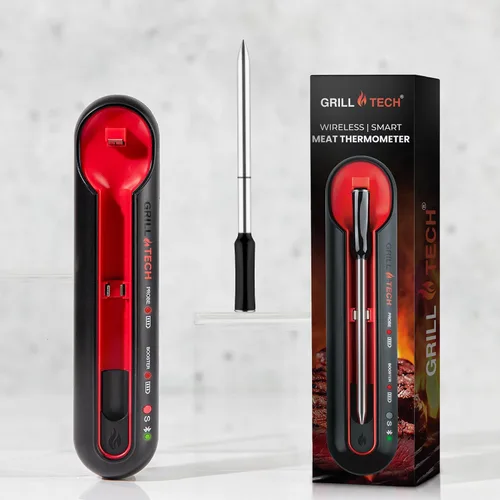 Vista 8 de Grill Tech - Termómetro inalámbrico inteligente Bluetooth para carne para asar y ahumar, precisión de precisión, rango de 950 pies, funda recargable