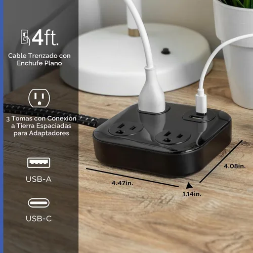 Vista 2 de GE SurGE Protector Power Strip con puertos USB, cable de extensión trenzado