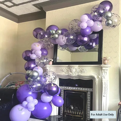 Vista 3 de Juego de globos de fiesta morados, 50 globos de látex lila lavanda de 12 pulgadas para uso de adultos, solo para fiesta de graduación, despedida