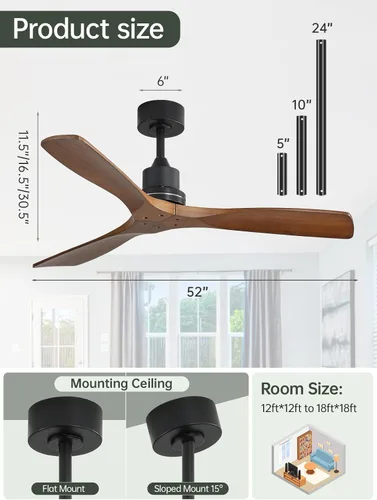 Vista 3 de Sofucor - Ventilador de techo inteligente de 52 pulgadas sin luz - Ventilador de techo moderno de madera maciza para exteriores con 3 aspas sin luz