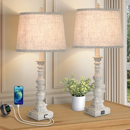 Vista 11 de Juego de 2 lámparas de mesa de granja de 27.5 pulgadas, lámparas rústicas de dormitorio para mesita de noche con carga USB doble, lámparas
